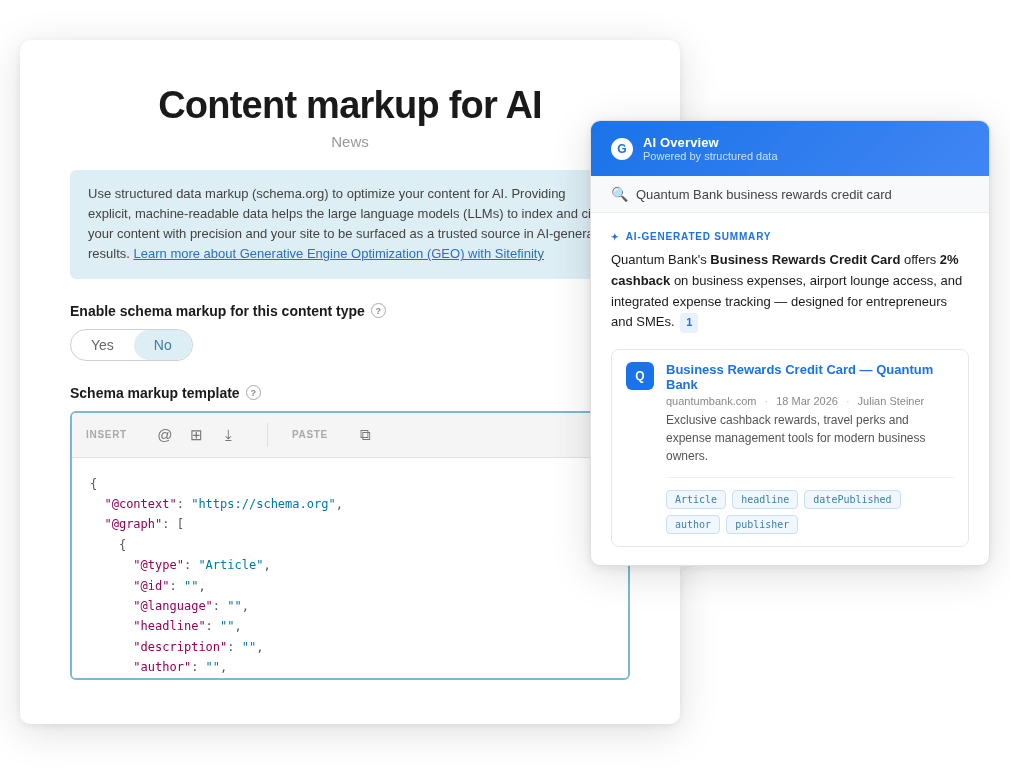 content-markup-ai CMS schema markup configuration panel paired with a mock AI Overview card showing how structured data enables LLMs to cite and surface content in AI-generated search results.