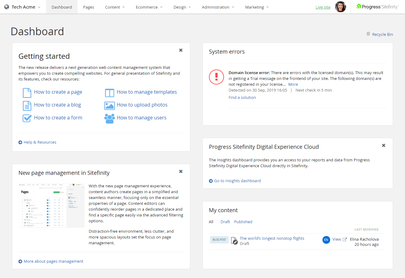 Sitefinity Dashboard User Interface