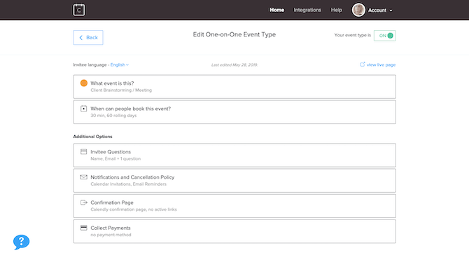 Calendly event setup Calendly’s UI is minimally designed across the board, including the event setup and editing page where users can configure appointment details and automations all at once.