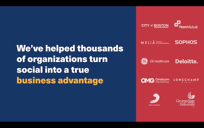 Hootsuite enterprise app - social proof Hootsuite shows off a list of enterprise clients, like City of Boston, SOPHOS, Deloitte, Omnicom Media Group, and Georgia State University.