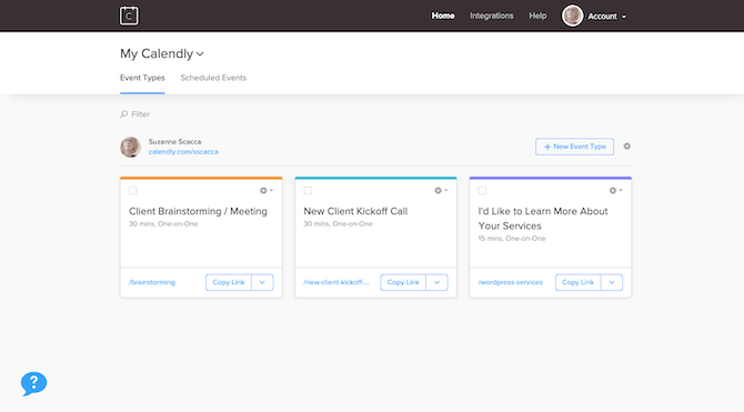 My Calendly dashboard with event types The Calendly dashboard gives users a quick overview of their event types, quick-copy links, as well as the ability to go in and edit each.