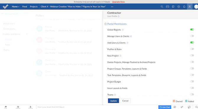 Zoho Projects - Contractor privileges Zoho Projects allows admins to customize user access privileges even further through Portal Permissions toggles. For instance, by default, a Contractor is allowed to see Global Reports and to Add Users & Clients.