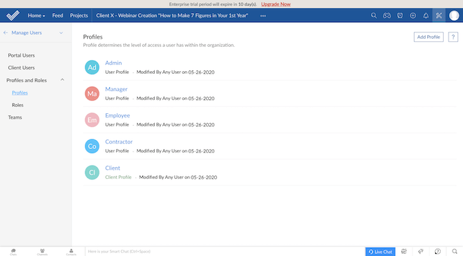 Zoho Projects - Profiles and Roles settings Zoho Projects grants the admin with the ability to control how other users — like the Manager, Employee, Contractor, and Client — use the app.