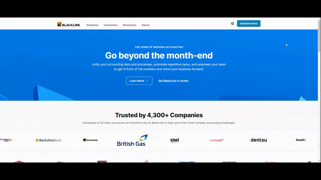 BlackLine English to German In this GIF, we see the BlackLine home page in English. Using the language switcher in the top, the language changes to German and the text expands in the hero image to take up an additional two lines.