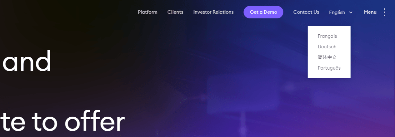Enfusion language options At the top of the Enfusion website, users can click the English dropdown to select another language: French, German, Chinese, or Portguese.