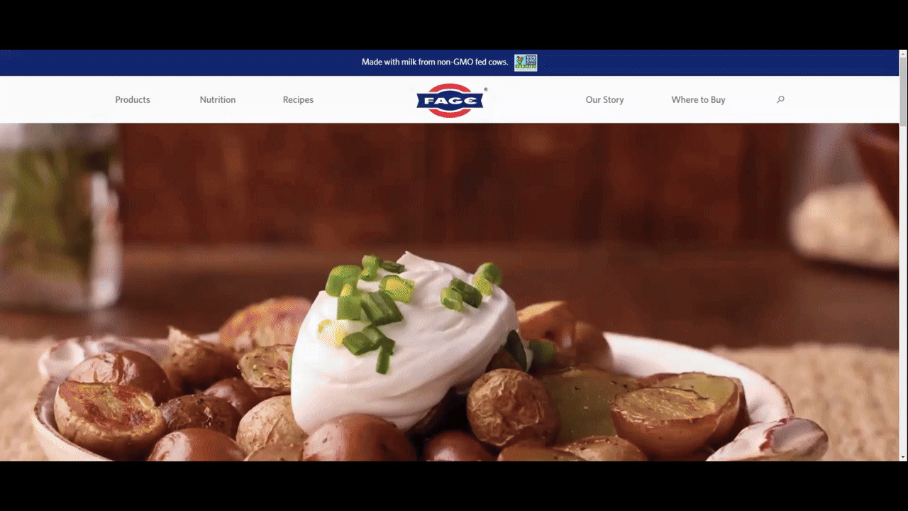 FAGE English to Greek In this GIF, we see the hero section of the FAGE USA website in English. After the user scrolls to the bottom, opens the location switcher, and selects Greece, the page is translated into Greek.