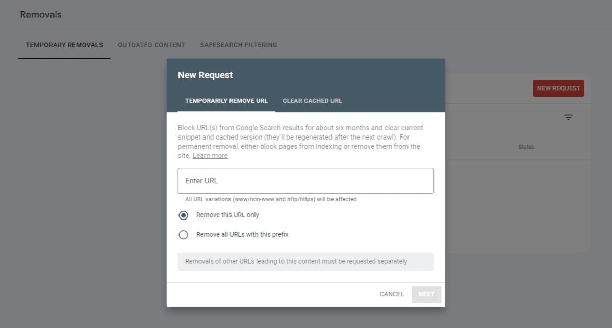 Google Search Console request removal If you want Google to remove one of your pages from search results or to update an outdated listing, use the Removals tool to do so.