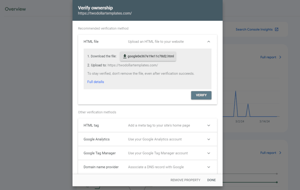 Google Search Console verify ownership In order to track Google search data related to your website, you must verify ownership. Google will provide you with various methods, like uploading an HTML file, to do this.