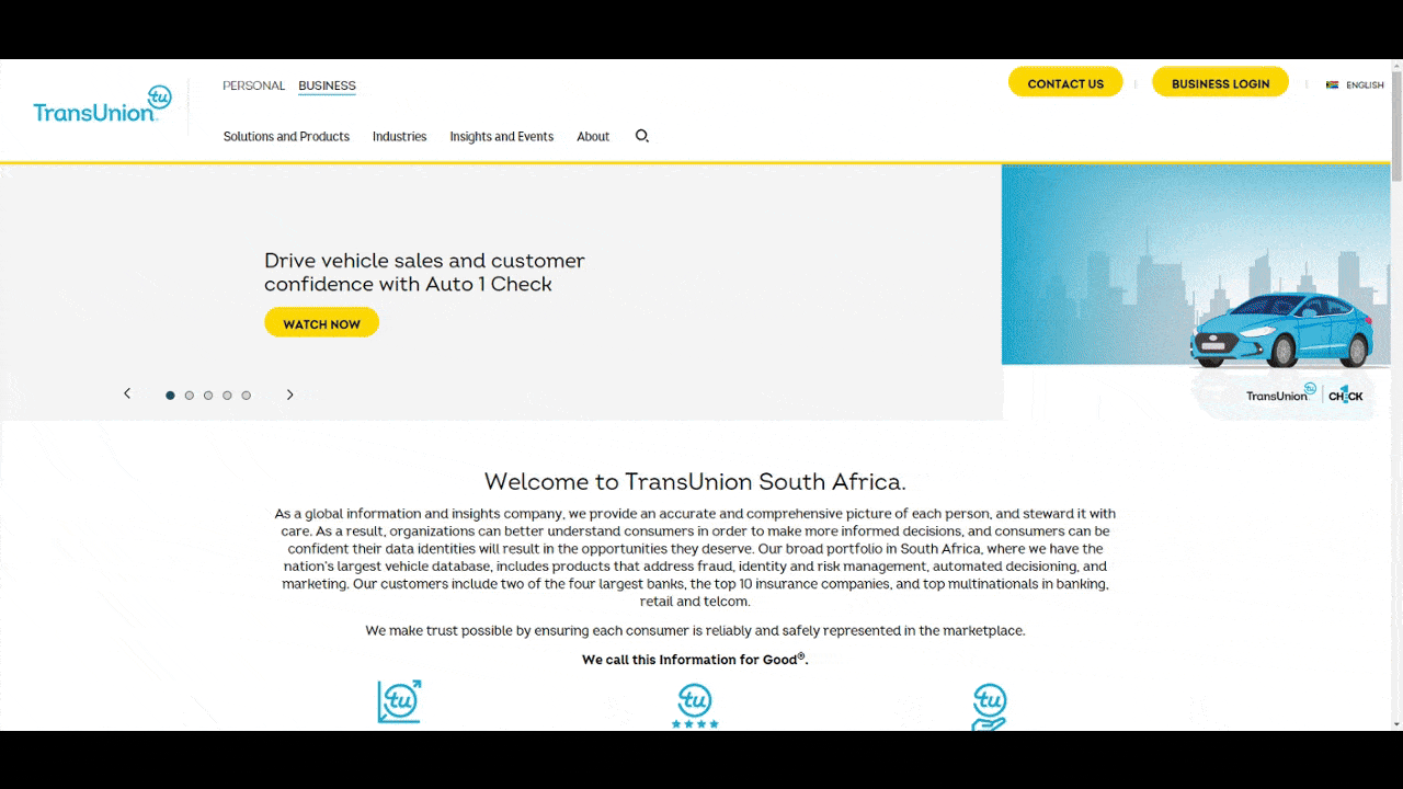 TransUnion multilingual sites A GIF shows different versions of the TransUnion website. The first is for South Africa and is in English with an illustration of a blue car. The second is for Mexico and is in Spanish with a photo of a couple looking at a contract. The third is for Mumbai and is in English with a photo of a couple on their computer. The fourth is for Hong Kong and is in Chinese with a photo of a proud businesswoman. The fifth is for Brazil and is in Portuguese with a photo of female podcaster or radio host.