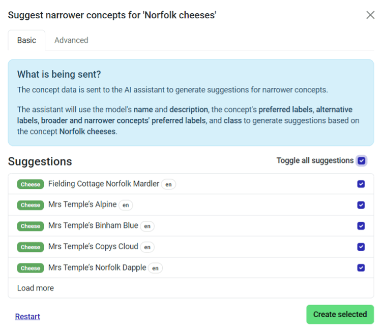 Image showing another round of child concept generation by AI Model Builder. This time it is generating further child concepts under a concept previously generated by AI Model Builder.
