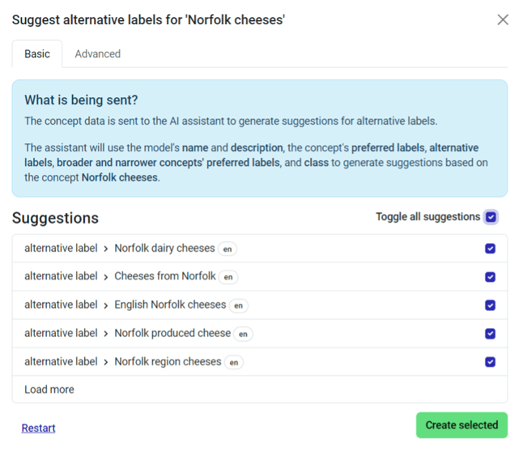 Image showing the suggestions returned by AI Model Builder for new alternative labels.