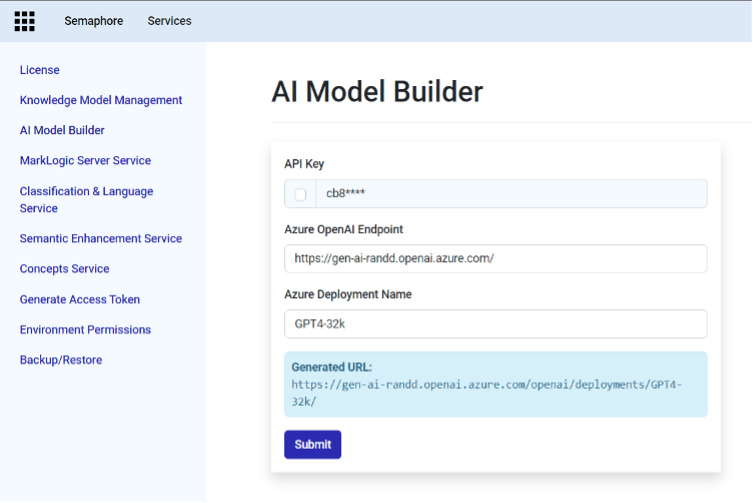 A panel showing where the AI Builder has the services it will use configured. For example, specifying the end points of your generative AI of choice to be used.