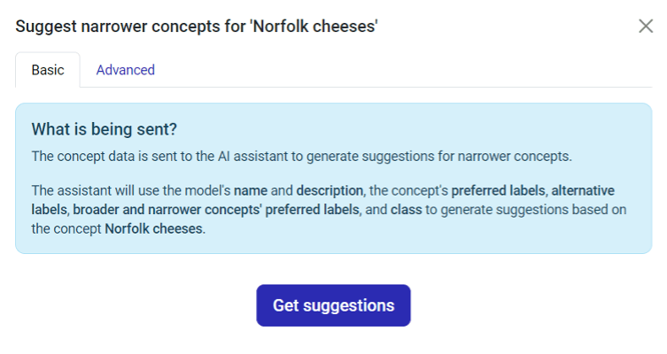 Image showing the two tabs, Basic and Advanced, that appear when using AI Model Builder to add child concepts