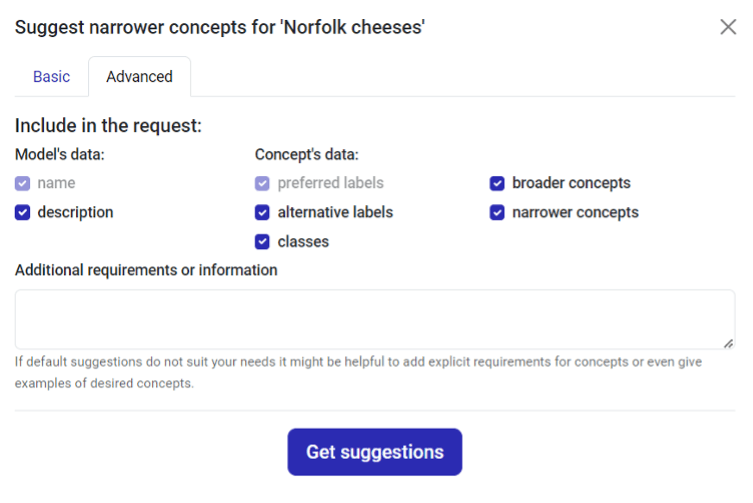 Image showing the options available to either be selected (and considered by the generative AI) or deselected in the Advanced tab when creating child concepts.