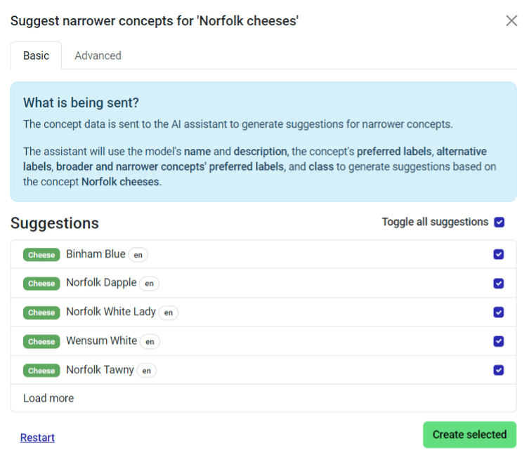 Image showing the suggestions returned by AI Model Builder for new child concepts - including for each both the preferred label and their likely concept class. Each suggestion can then be selected or not by the user for addition to the model.