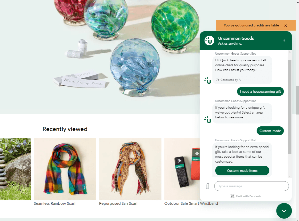 Uncommon Goods chatbot Uncommon Goods has a chatbot on its website that will help customers find products in the shop, check on order status, request a return, and more.