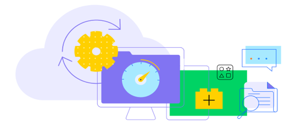 illustration of a computer with a clock and a gauge.