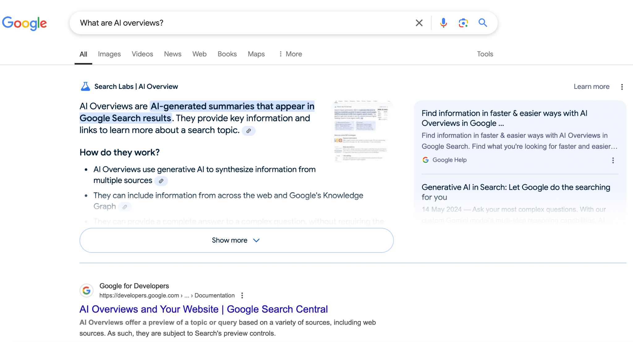 Google search for What are ai overviews? Search labs results