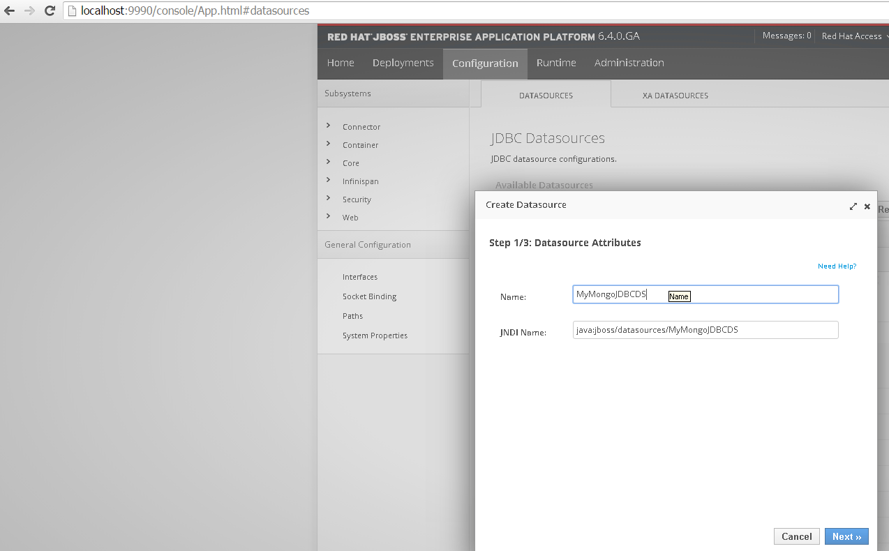Give the Datasource a name and JNDI Name Give the Datasource a name and JNDI Name