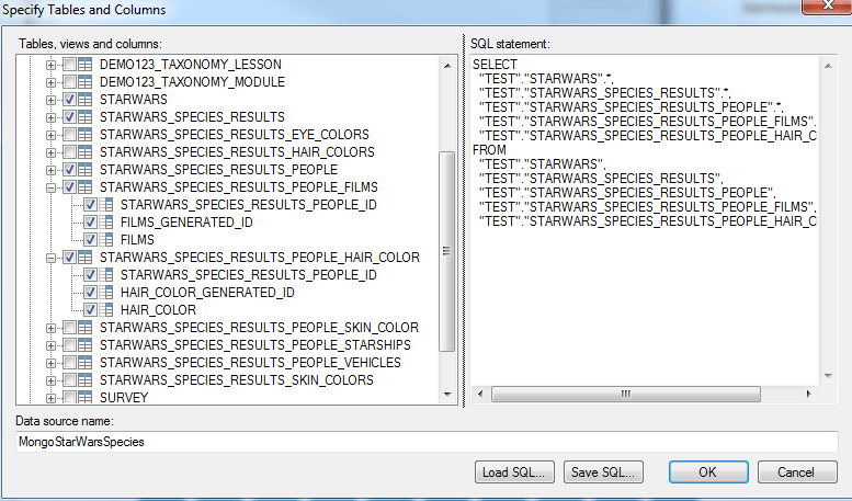 6) Select the tables you want to import and create a Tibco Data Source Name