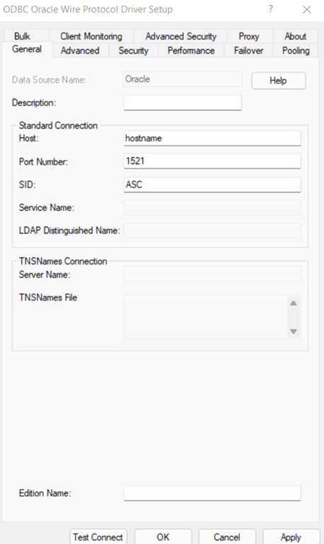 odbc oracle wire protocol driver setup window; general tab; description input empty; host set to hostname; port number set to 1521; SID set to ASC