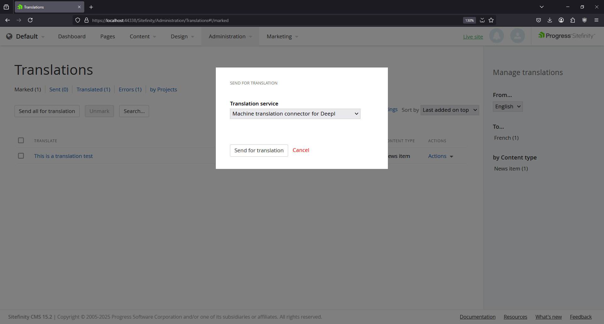 Sitefinity CMS translation interface showing a popup window titled